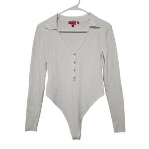 Guess Ribbed Knit Bodysuit Womens Large Collared V-Neck Cream